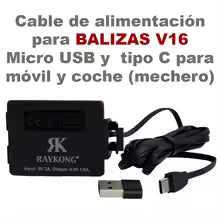 Cable de Alimentación Directa para Baliza V16 – USB/USB-C – Compatible con Móvil y Coche